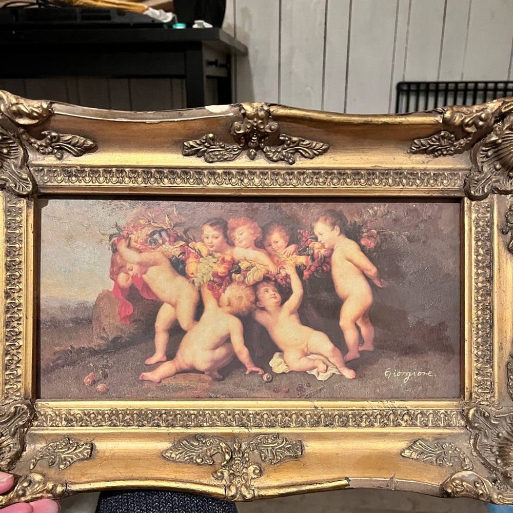 Signed Cherub painting with fruit